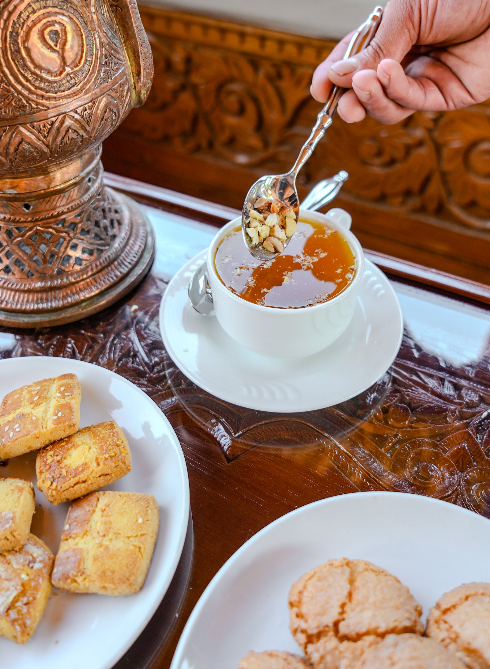 Traditional Kashmiri Kahwa tea served at Suroor houseboat Srinagar